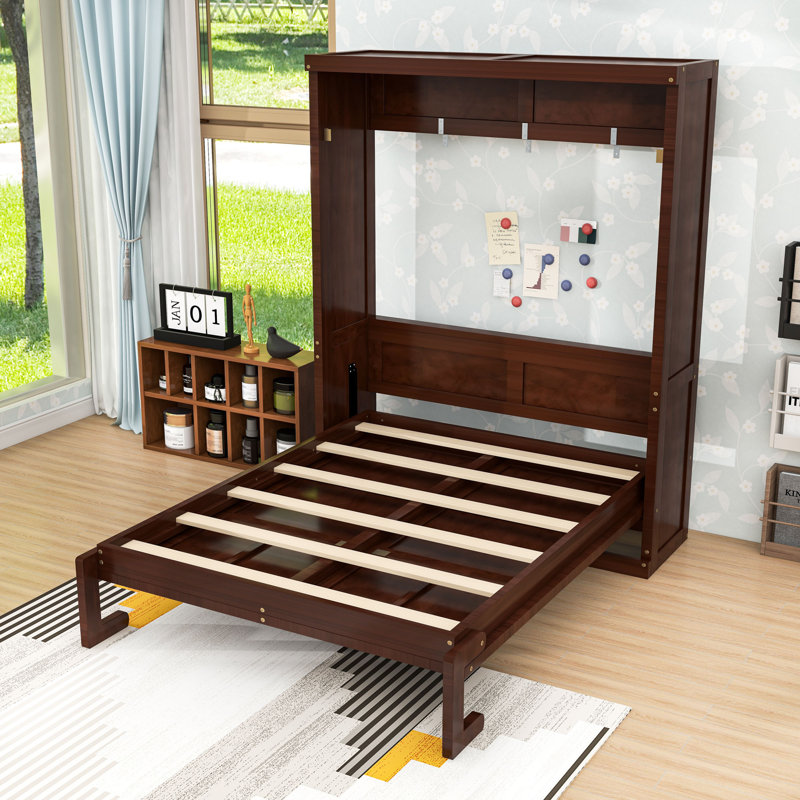 Lit escamotable en bois avec lattes, Lit double, Espresso