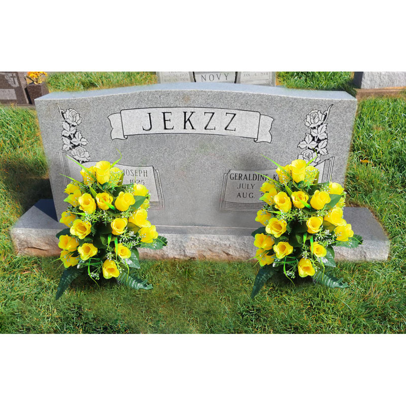 Yellow Silk Rose Cemetery Bouquet with Black Vase Set
