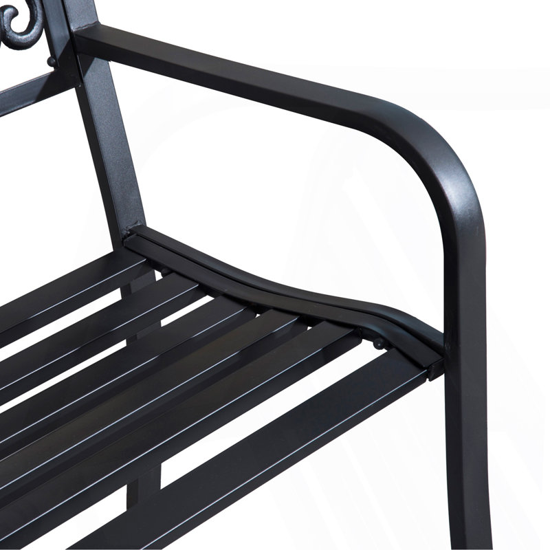 50" Outdoor Bench, Metal Garden Bench With Floral Pattern Backrest, Porch Bench With Slatted Seat For Park, Yard, Lawn, Black