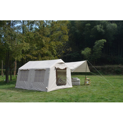 9.8 X 13ft Inflatable Camping Tent With Canopy – Easy Setup Waterproof & Windproof Blow-up Glamping Tent, Beige, Includes Hand Pump