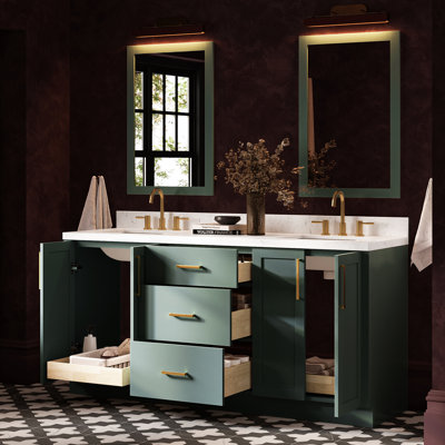 72 Inch Double Rectangle Sink Bathroom Vanity with Carrara White Quartz Countertop 1.5 Inch in Vintage Green