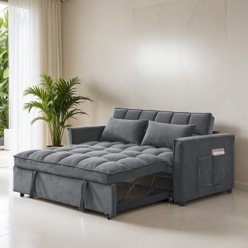 Canapé-lit à accoudoirs carrés avec coussins 53,95 po, Gris