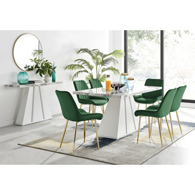 Athena Modern Marble Effect & High Gloss Dining Table Set with 6 Luxury Velvet Dining Chairs