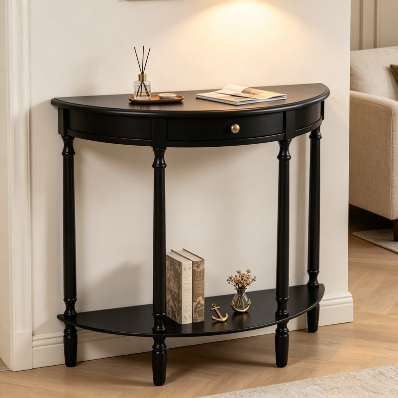 Console Truro demi-ronde, table d'entrée traditionnelle avec tiroir et tablette inférieure, table de vestibule ou de canapé classique pour vestibule, salon