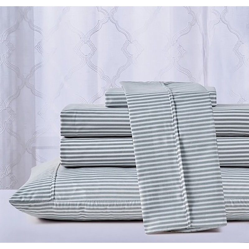 Ensemble de draps à imprimé égyptien 1800 fils 4 pièces, Ensemble de draps pour lit double + un drap-housse, Gris, Rayé
