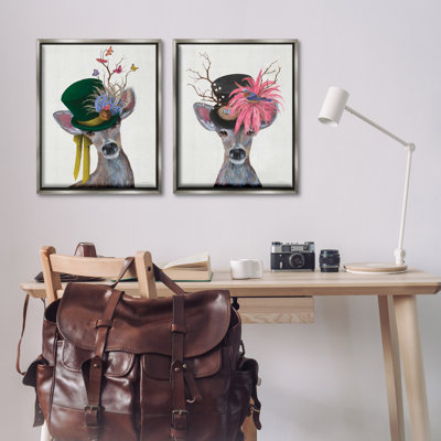 Dapper Deer Floral Top Hat  2 PC Framed Floater Canvas Set by Kamdon Kreations
