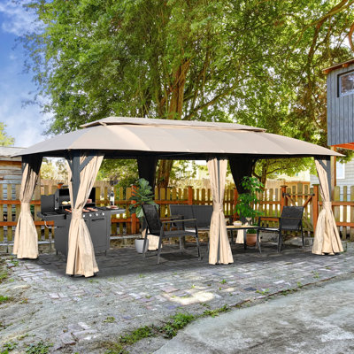 10x20ft Outdoor Party Gazebo - Construction, , Privacy Curtains, Brown 10x20ft. Canopy With Double Roof. Heavy Duty Metal Frame. Curtains & . Spacious For 13-15. Low Maintenance