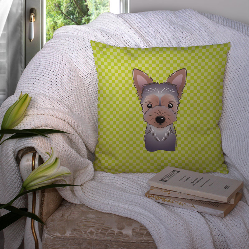 Coussin décoratif intérieur/extérieur yorkie chiot damier, H 18 po x l 18 po x P 5,5 po, Vert
