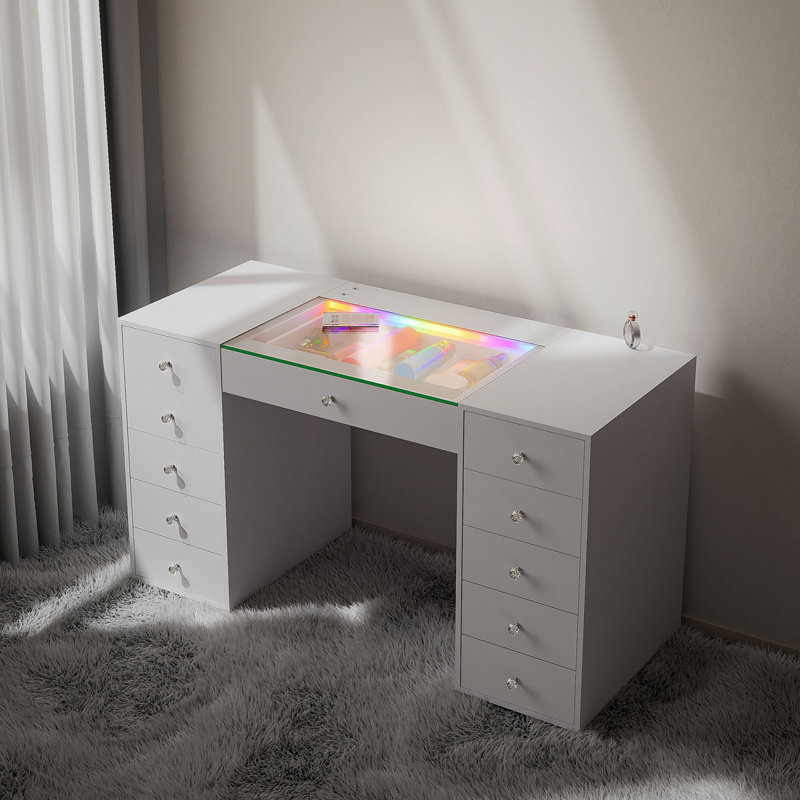 51.2" Vanity Desk With RGB LED Light Strip, Modern Glass Top Makeup Vanity With 11 Drawers, Large Dressing Table With 6 Color Lighting Modes For Bedroom