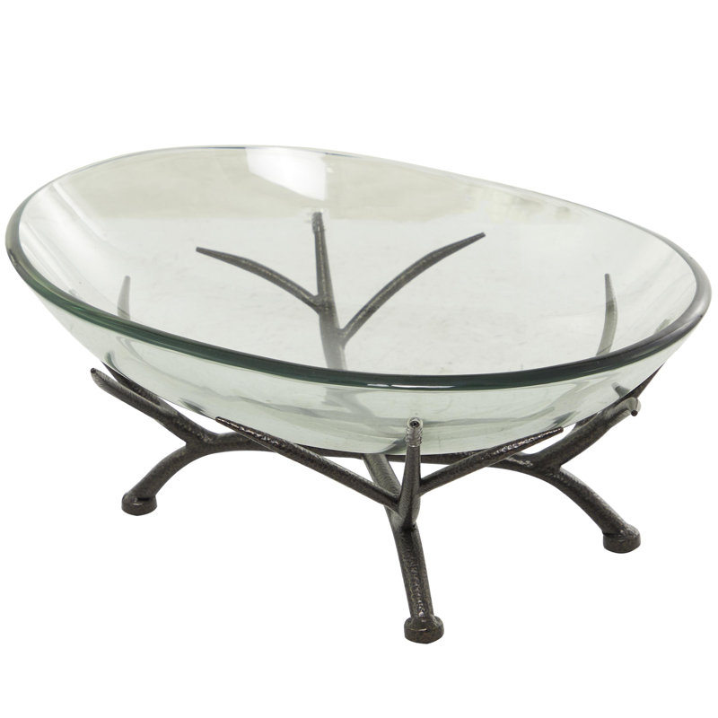 Bol de service en verre transparent avec support en métal noir Saffa, L 17,35 po x H 7,50 po x P 13,35 po