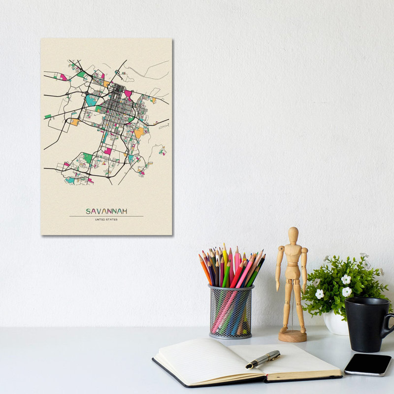 Savannah, Georgia Map 1 Piece Wrapped Canvas Painting, 20.32 cm H x 30.48 cm W