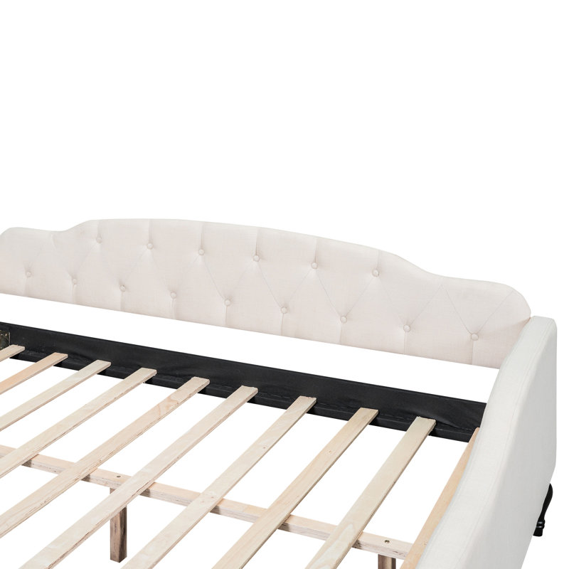 Lit de jour rembourré beige avec structure en bois massif - Stable et lattes en contreplaqué