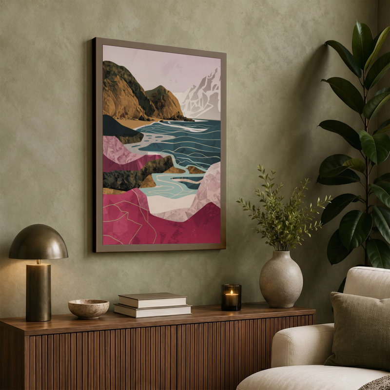 Cliffs Meet Sea Coastal - Wrapped Canvas, 36x24 - 91.4 x 61.0 cm, Teal Border