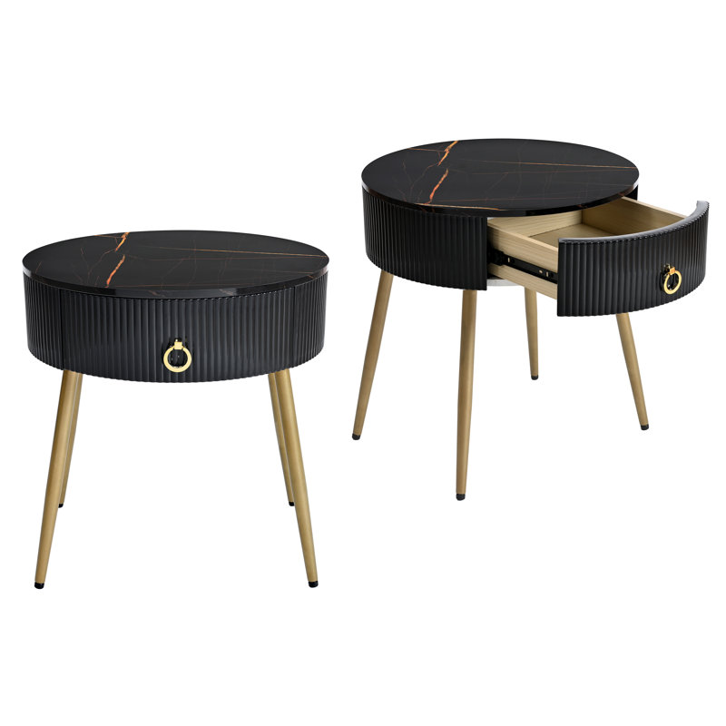 Easy Assembly End Tables with High Gloss Faux Marble Tabletops, Set of 2, Modern Fluted 2 Side Tables with Drawers, Round Coffee Tables with Golden Legs for Living Room