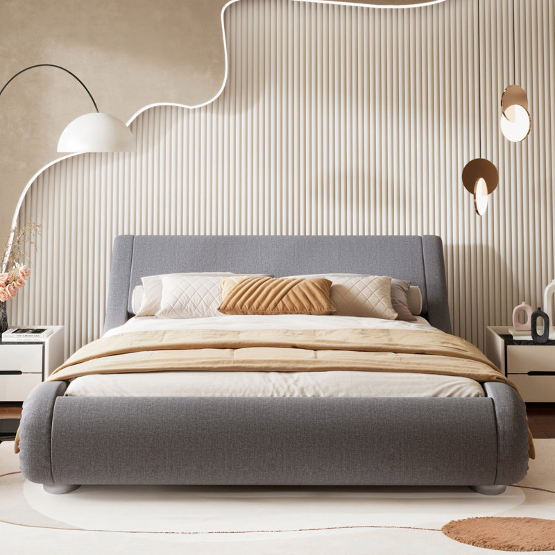 Bettejean Upholstered Profile Sleigh Bed with Luxury Ergonomic Faux Leather Headboard, Queen, Gray
