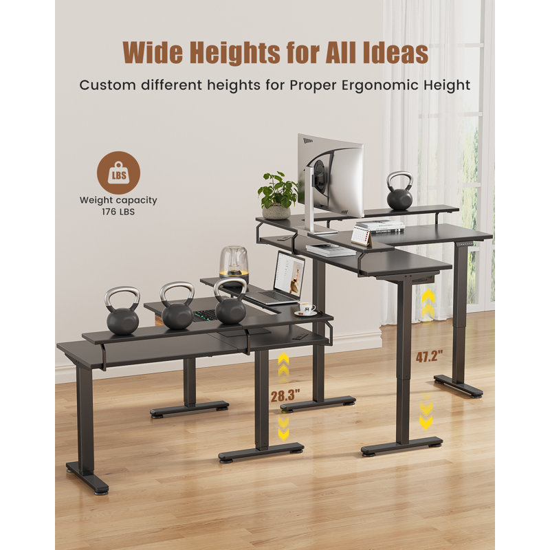 L Shaped Electric Standing Desk With Under-Desk Drawers Built-In Power Outlets, Black