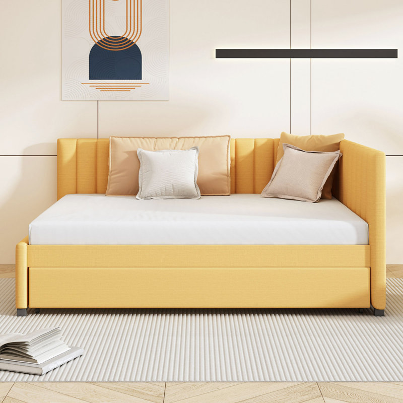 Upholstered Daybed With Trundle Sofa Bed Frame No Box Spring Needed, Linen Fabric, Yellow
