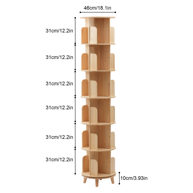 6-Tier 360° Rotating Bookshelf Storage Rack, 77.13" H x 18.1" L x 18.1" D