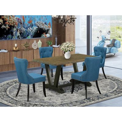 Ensemble de salle à manger 5 pièces pour 4 personnes comprenant une table rectangulaire à pieds en V et 4 chaises de salle à manger Parson en lin bleu, 101,6 x 182,9 cm, multicolore
