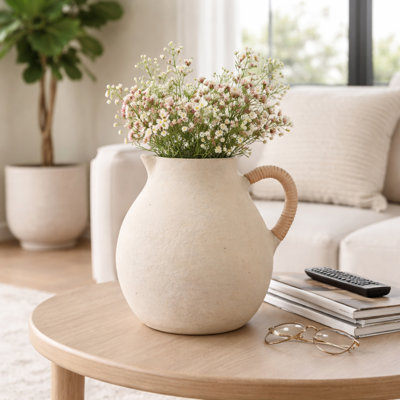 Élégant vase de poterie avec poignée en rotin tissé pour la décoration intérieure - Grand vase élégant pour table, cuisine ou salle à manger - Ivoire et blanc