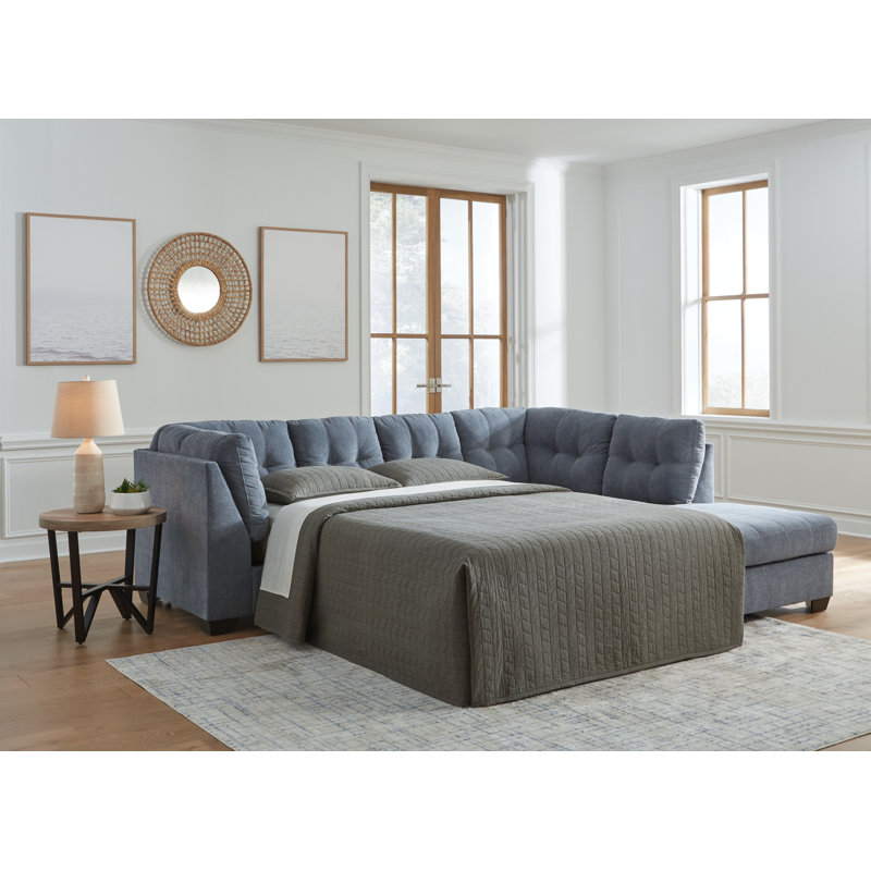 Canapé modulaire rembourré 6 pièces Ikumi, Mélange de polyester denim, Accoudoir à droite (vu de face)