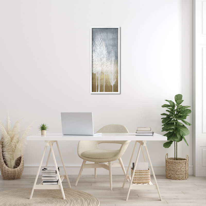 Tall White Tree Line Abstract Canvas Art with White Frame