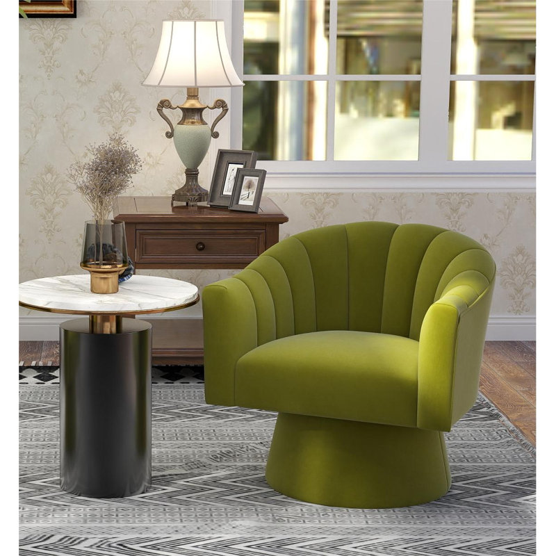 Fauteuil demi-tonneau pivotant de 25,2 po Iryanna, Velours vert clair, 1