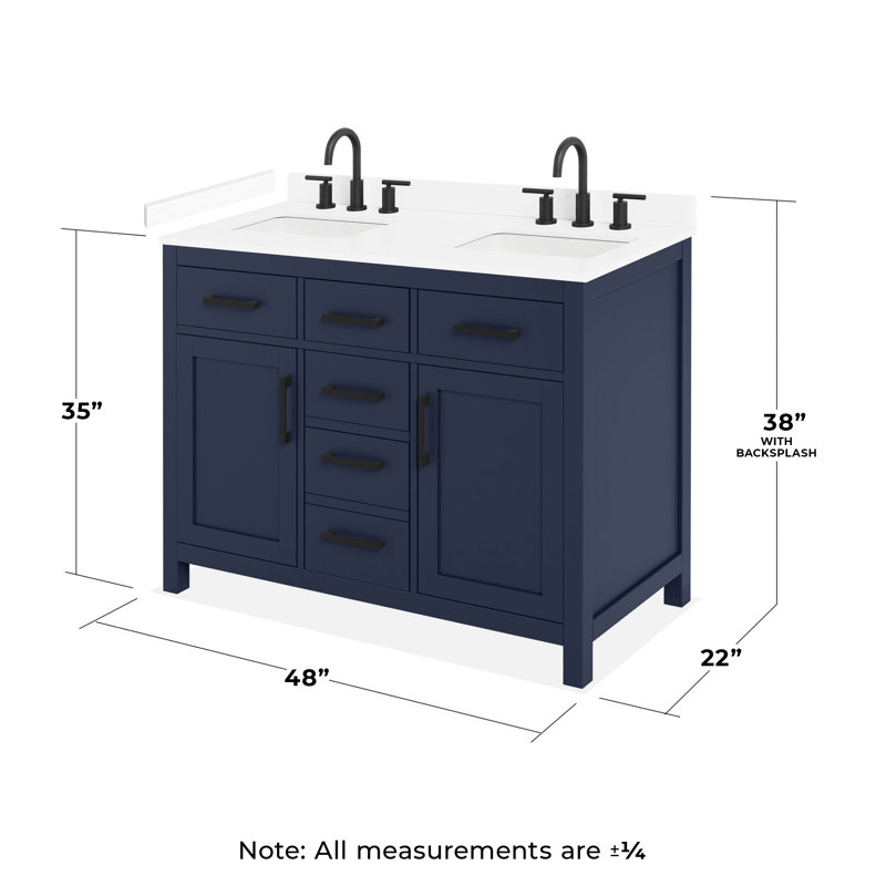 Ensemble de meuble-lavabo double 48 po Beckett, Bleu foncé avec bordure noir mat, Comptoir en marbre de culture blanc