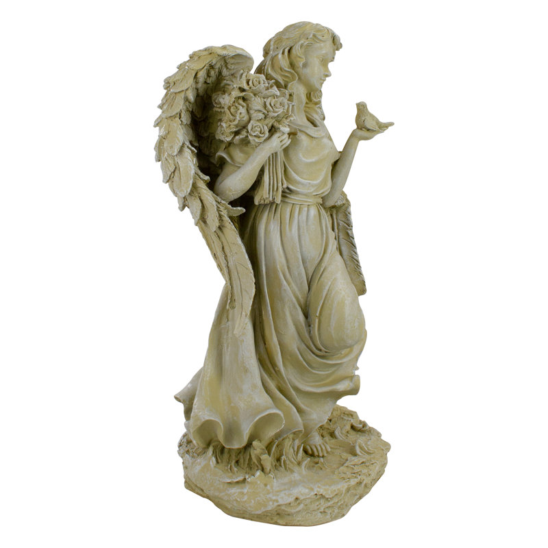 Statue de jardin 17,5 po Ange ivoire avec oiseau et bouquet
