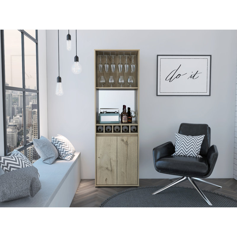 Light Oak 5-Bottle 2-Shelf Bar Cabinet