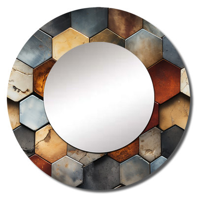 Rustic Hexagons Boho Pattern - Geometric  Decorative Wall Mirror, Modern Large Round Mirror, Printed Metal Art