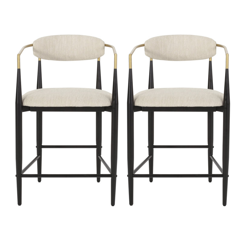 Amen Upholstered Bar Stools, Beige Fabric/Black Base, Counter Stool (25." Seat Height)