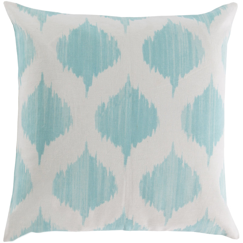 Aqua and White Ikat Cotton Square Throw Pillow