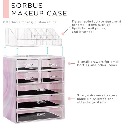 Clear Cosmetic Makeup Organizer - Make Up & Jewelry Storage, Case & Display - Spacious Design - Great For Dresser, Bathroom, Vanity & Countertop (3 Large, 4 Small Drawers) [Tie Dye Print]