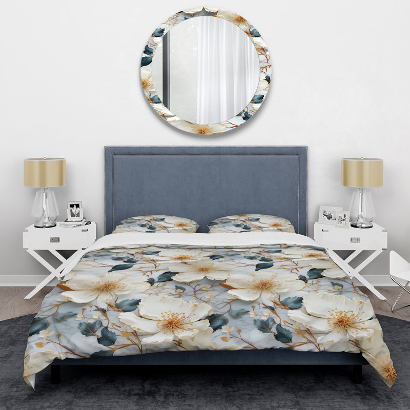 Literie Magnolias Vein White And Blue Marble Pattern II, Housse de couette simple + 1 taie décorative stan