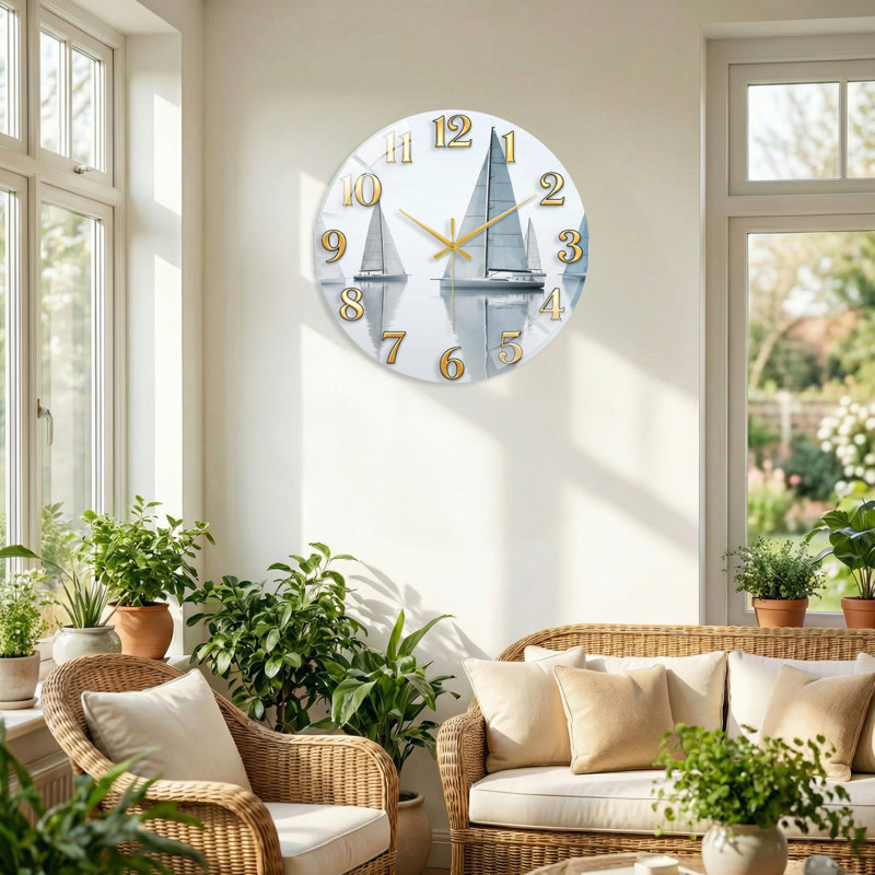 Horloge murale voilier en verre, 60 x 60 cm (23,6 x 23,6 pouces)