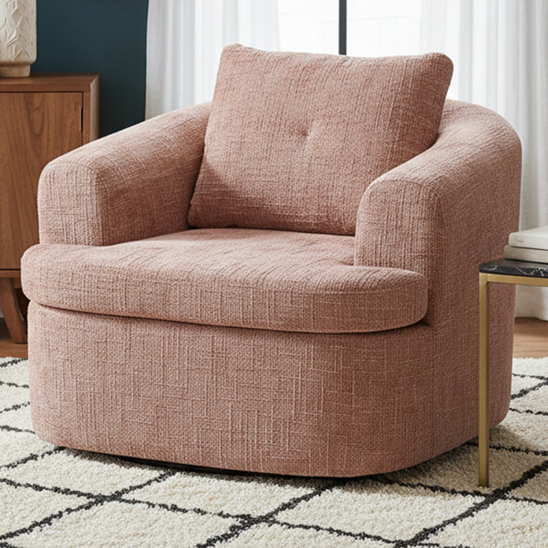 Fauteuil demi-tonneau pivotant rembourré, Chenille rose, 1