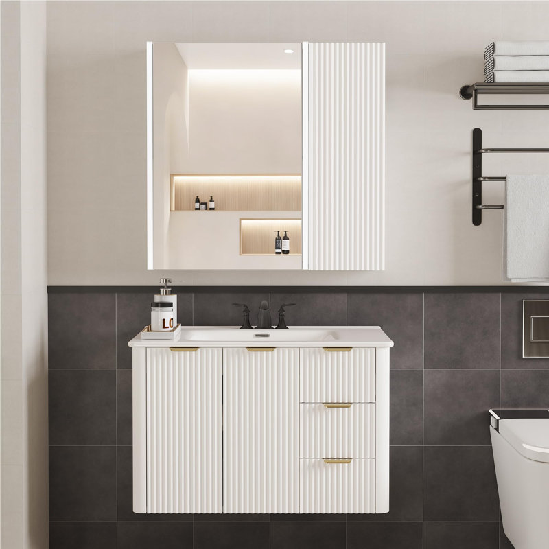 Meuble-lavabo flottant avec lavabo et armoire à pharmacie avec lumière DEL, Blanc, 30"