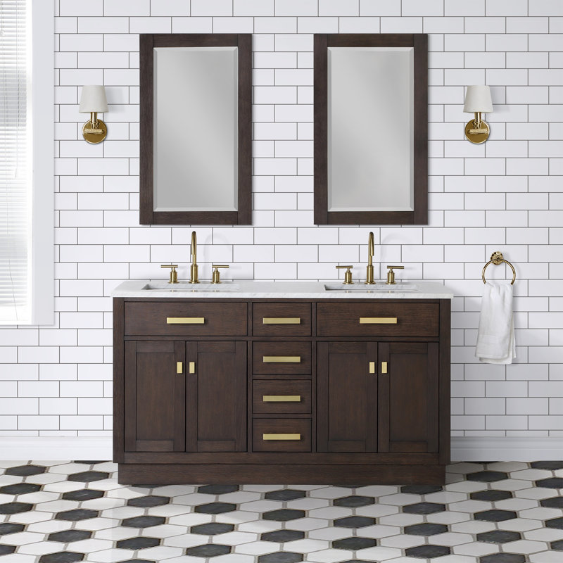 Chestnut 60" Carrara White Marble Countertop Bath Vanity with Faucet, Brown Oak