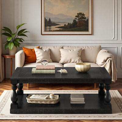Table basse rétro avec pieds de colonne de vase, placage de pin et tablette inférieure