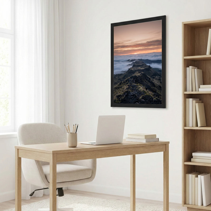 Toile noire encadrée en bois noir pour salon, chambre à coucher, bureau ou vestibule - décoration murale décorative avec ciel de montagne