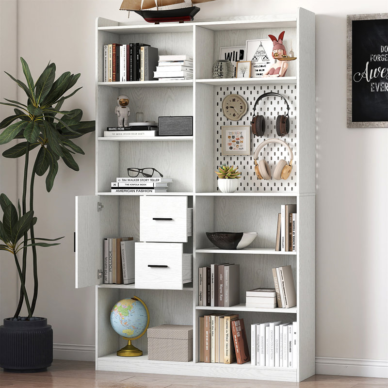Tablette de rangement moderne blanche avec tiroirs et panneau perforé - Bibliothèque polyvalente pour la maison ou le bureau