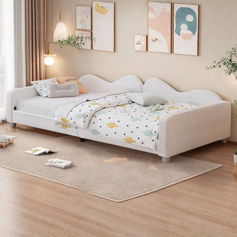 Upholstered Daybed, Sherpa Fabric Sofabed With Cloud-Shaped Backrest, No Box-Spring Needed, Twin, White