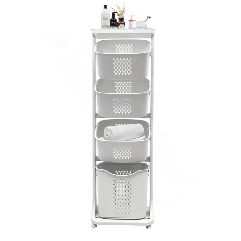 4-Tier Laundry Hamper Sorter, Laundry Storage Organizer With Wheels Removable Rolling Laundry Baskets, Bathroom Cart For Dirty Clothes, White