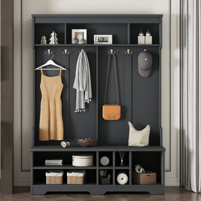 Modern Black Entryway Hall Tree with Bench, 6 Hooks & Shoe Storage, Organizer for Coats & Shoes