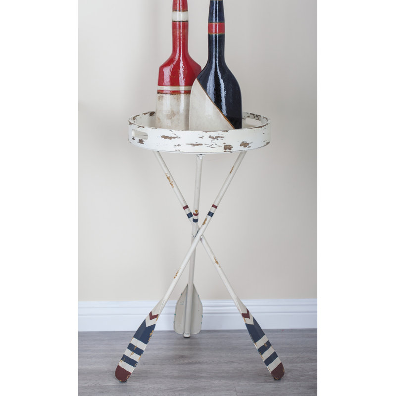 White Metal Ship Wheel Top Accent Table with Paddle Legs