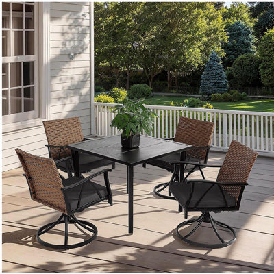 Ensemble de salle à manger 5 pièces pour 4 personnes, ensemble de mobilier d'extérieur en osier pour terrasse de jardin avec 4 coussins pivotants, plateau de table en acier, coussins amovibles