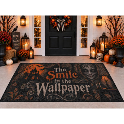 Tapis d'extérieur Halloween 152 x 213 cm, motif visage hanté « Sourire dans le papier peint », tapis bouclé en PVC imperméable, tapis résistant à séchage rapide pour porche, terrasse, balcon ou entrée.
