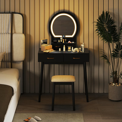Small Vanity Desk w/Mirror & Lights Cushioned Stool 3 Adjustable Lighting Colors by Ivy Bronx