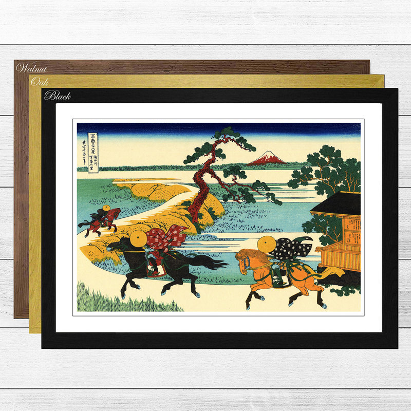 Japanese Oriental Village of Sekiya by Katsushika Hokusai - Framed Print, Walnut